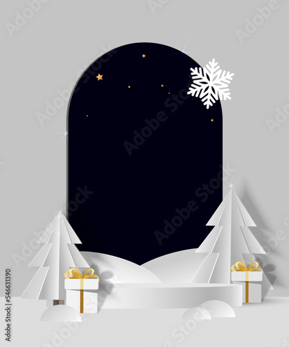 White podium with white christmas tree and snowflake in paper cut style. Merry Christmas and Happy New Year card. Vector illustration.	