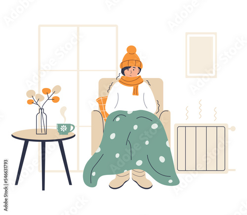 Young woman wrapped in plaid. Low room temperature. Person freezes from cold indoors. Girl warming herself near heater. Character shivering from cold. Flat vector illustration on white background.