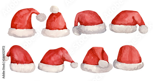Watercolor set of red santa claus hats photo