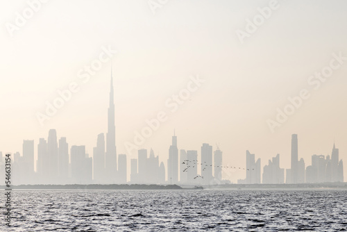 Dubai skyline at the sunset on a hazy day