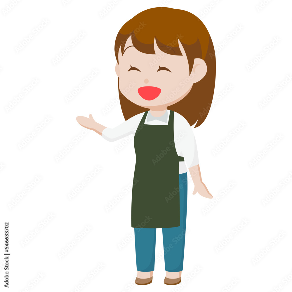 シンプルな主線なしのイラスト / 笑顔で案内や説明をするエプロンの女性 シンプルな主線なしのイラスト / 笑顔で案内や説明をするエプロンの女性