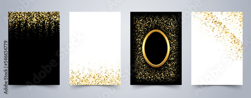 Banners with golden shiny confetti on white and black. Vector flyer templates for wedding, invitation cards, business brochure design, certificates.