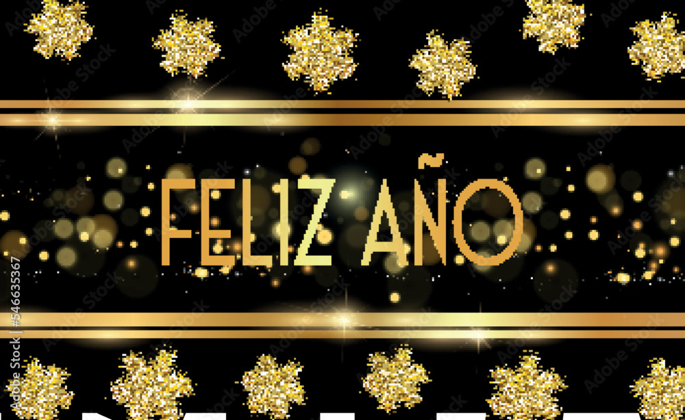 tarjeta o pancarta para desear un feliz año nuevo en oro entre dos líneas en la parte superior e inferior sobre un fondo negro con estrellas, brillo dorado y círculos dorados en efecto bokeh