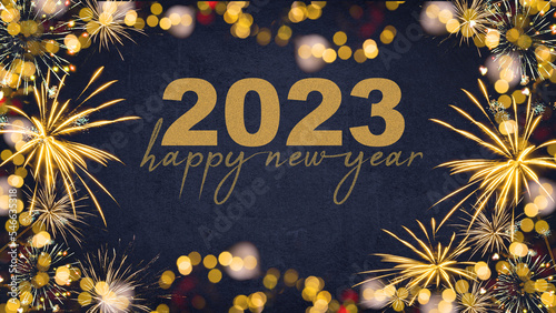 Fotografie HAPPY NEW YEAR 2023 - Festive silvester New Year's Eve Party background greeting card - Golden fireworks in the dark black night