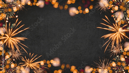 HAPPY NEW YEAR 2024 - Festive silvester New Year's Eve Party background greeting card - Golden fireworks in the dark black night.