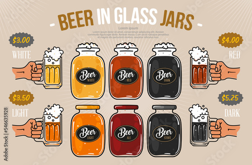 Craft beer in glass jars. Concept for a menu or flyer with drinks for a bar. Vector, illustration