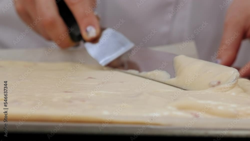 Close-up of the pastry chef spreading the dough in a baking dish with a spatula. The girl bakes a delicious sweet cake with strawberries. A woman works in a bakery. Close-up of the pastry chef spreading the dough in a baking dish with a spatula. The girl bakes a delicious sweet cake with strawberries. A woman works in a bakery.