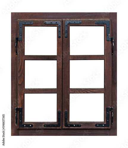 Old brown wooden window on white background
