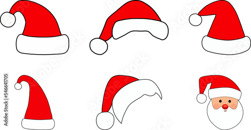 Santa claus red hat for Christmas holidays celebration. Santa cap set with black outline