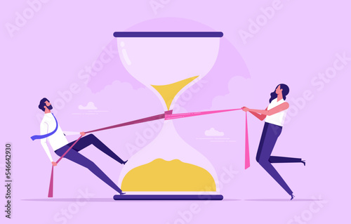 Business team is trying to stop time. Deadline and time management concept. Modern flat vector illustration