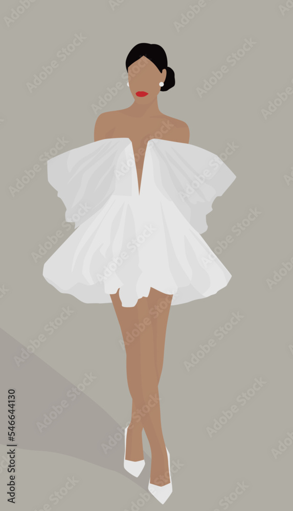 Naklejka premium Vector flat illustration of a young and attractive lady. A girl in a short and fluffy dress and high heeled shoes. Design for cards, avatars, posters, backgrounds, templates, banners.