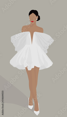 Vector flat illustration of a young and attractive lady. A girl in a short and fluffy dress and high heeled shoes. Design for cards, avatars, posters, backgrounds, templates, banners.