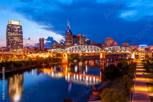Twilight view of Nashville skyline looking across Cumberland River to central business district, Nashville, Tennessee, USA