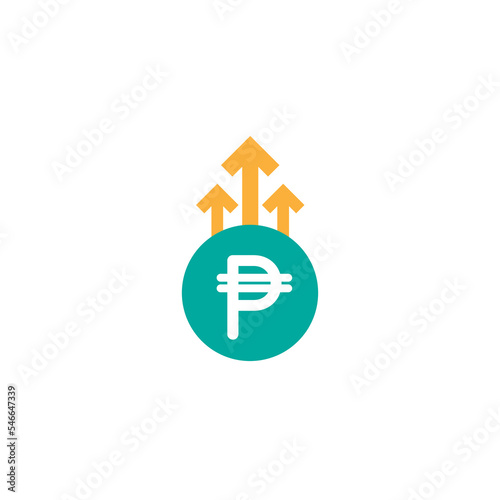 peso growth vector icon. White sign in blue circle with three up arrows. Flat icon. Isolated on white. Economy, finance, money symbol. Currency pictogram. Vector illustration.