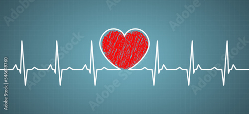 Heart with cardiogram on green background 

