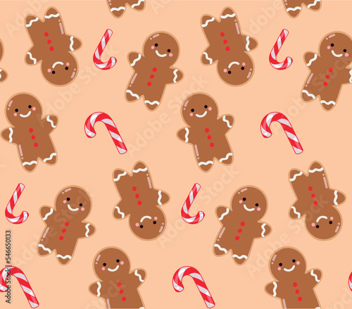Christmas cookie pattern, festive and cute. Gingerbread and candy canes. Ideal for printing, invitations, decoration on object, social networks. Vector illustration.