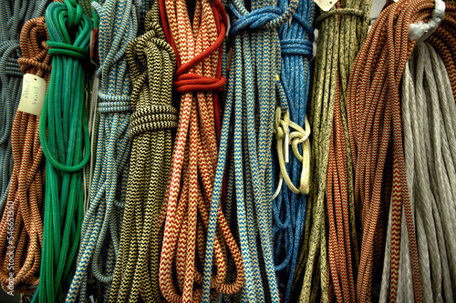 Ropes from the trimaran Sodebo in a shed during a refit after an attempt around the world, in Saint Philibert, Brittany, France. photo