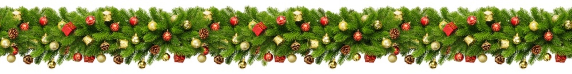 Christmas Border frame of tree branches on white background with copy space isolated. Seamless pattern with Christmas garland