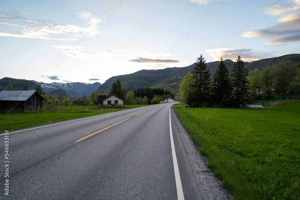 an asphalt road in the norwegian mountains with green grass and trees along the edge