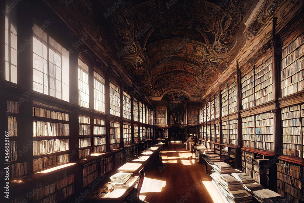 Old library or with many books on shelves Stock Illustration