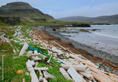 Russian driftwood and fishing debris washed ashore on an Icelandic beach photo