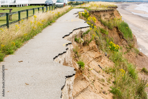 Collapsed coastal road at Barmston on Yorkshires East Coast, near Skipsea, England, UK
