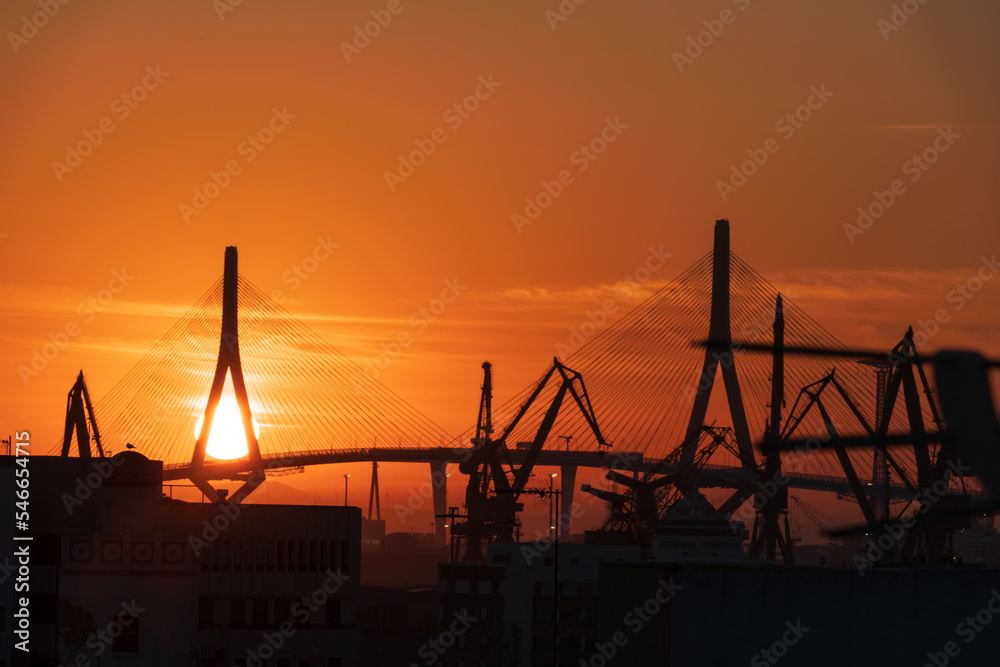 Sunrise at the bridge over the bay of Cádiz