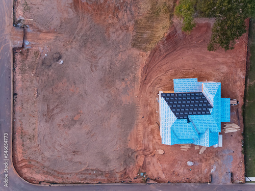 Aerial view of Building materials lying on empty construction site, Snellville, Georgia, USA photo