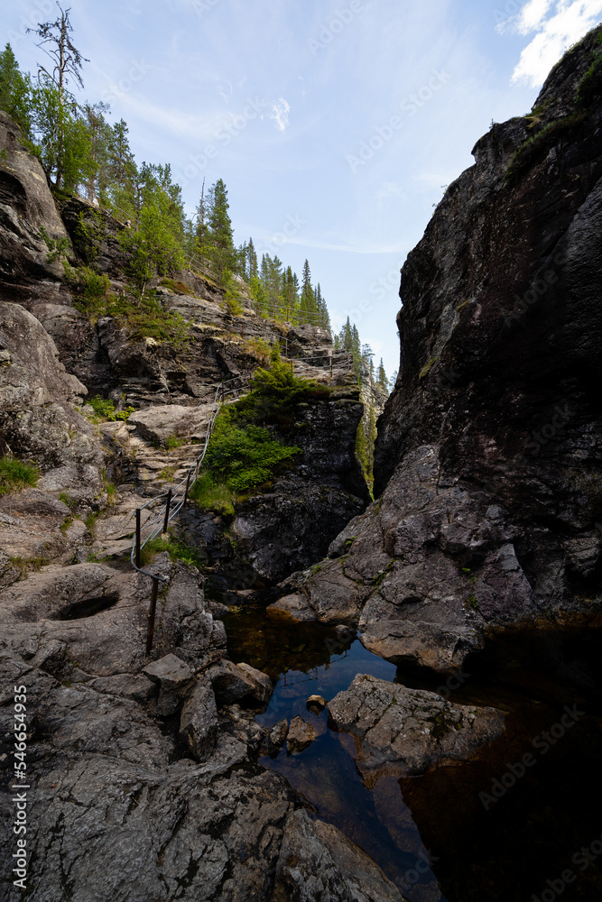 Obraz premium blue dark narrow valley in Norway, Helvete, flanked by a forest with green trees and a blue sky with puffy clouds above them and a metal railing along the edge of the cliff