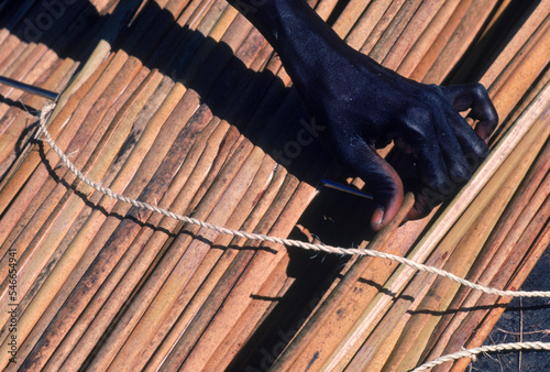 Close up of a Nuer woman passing a needle through reeds while making a matt in Adok, southern Sudan.