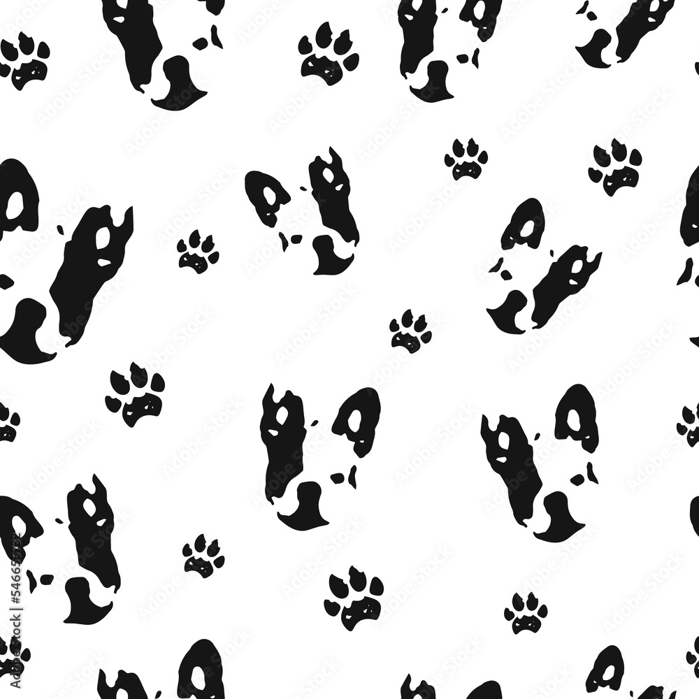 Dog seamless pattern. French bulldog head and dog footprint. Paw. Black and white print. Packaging template, graphic design, textiles, bedding and wallpaper. Dog seamless pattern. French bulldog head and dog footprint. Paw. Black and white print. Packaging template, graphic design, textiles, bedding and wallpaper.
