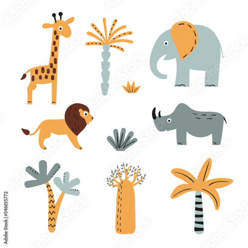 Africa set with cute safari animals and trees for kids design. Baby print. Vector illustration of lion  elephant  rhino and giraffe.