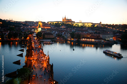 View Over Charles bridge the Castle and St. Vitus Cathedral at night, Prague, Czech Republic. photo