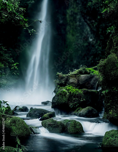 Horizontal shot of a untouched Beautiful waterfall with green nature 3d illustrated