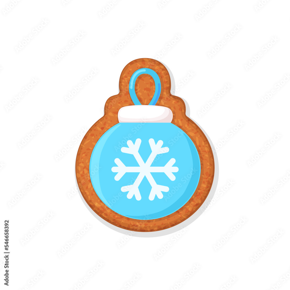Fototapeta premium Bauble shaped Christmas gingerbread cookie with blue icing decoration. Vector illustration