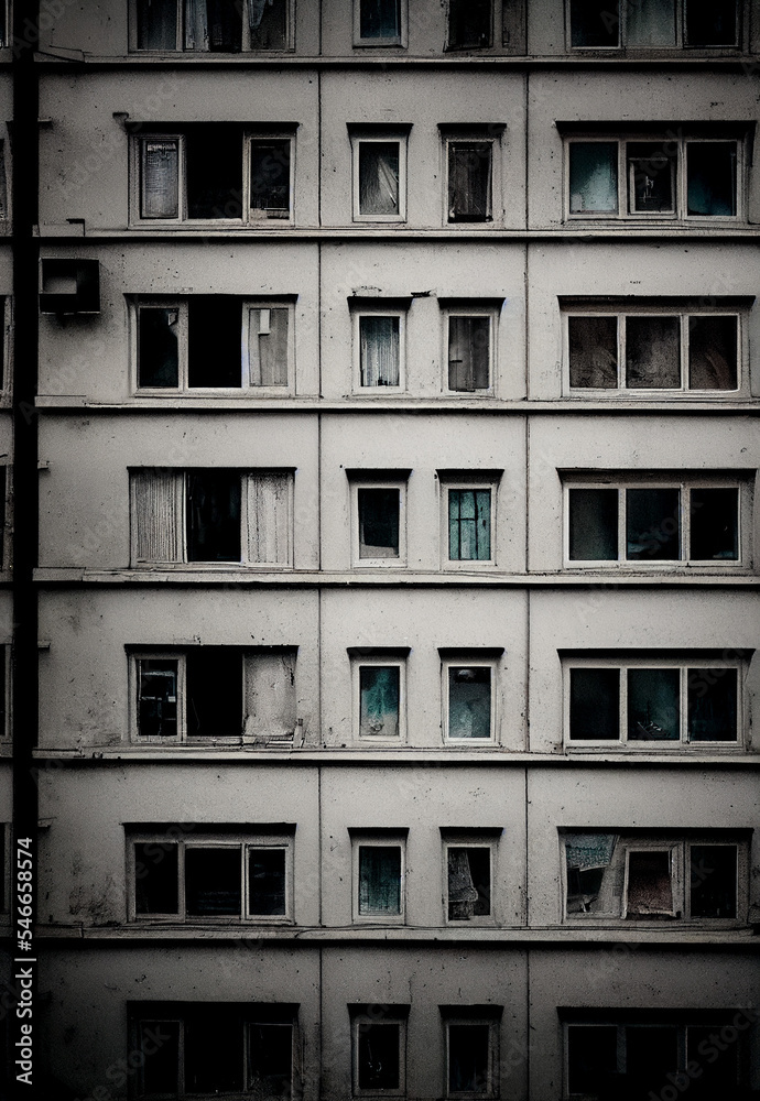 Horizontal shot of abandoned building after war , Ukraine 3d illustrated