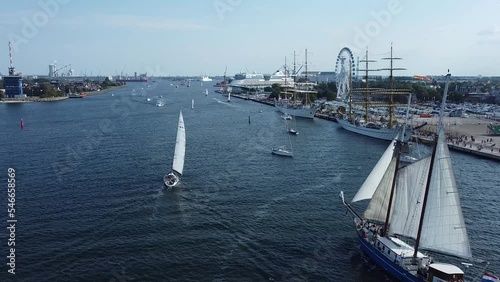 Sailing boats during HanseSail 2022 in Rostock / Warnemünde - Drone Aerial footage