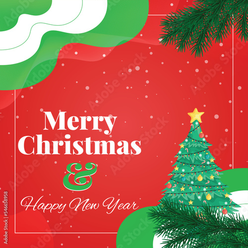 Christmas and New Year typographical on red background with Gold glitter texture. Xmas card. Vector Illustration