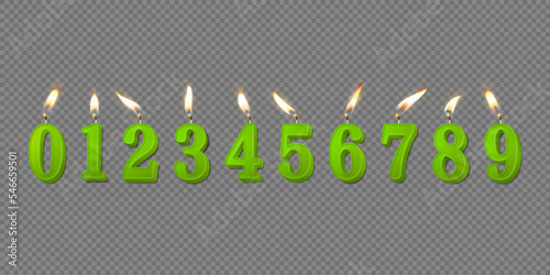 Vector 3d Realistic Paraffin or Wax Burning Green Birthday Party Candles, Numbers and Different Flame of a Candle Icon Set Isolated. Design Template, Clipart, Birthday Concept. Top View