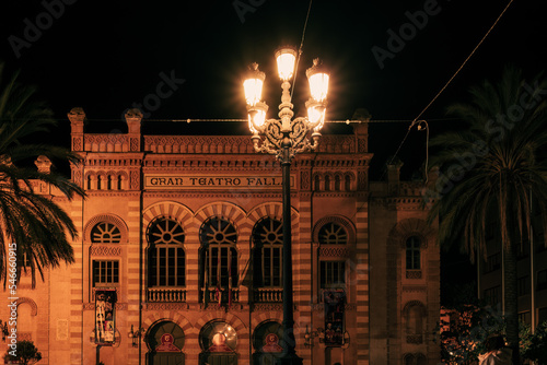 Gran Teatro Falla or Great Theater Falla in the evening in Cádiz, Andalusia, Spain