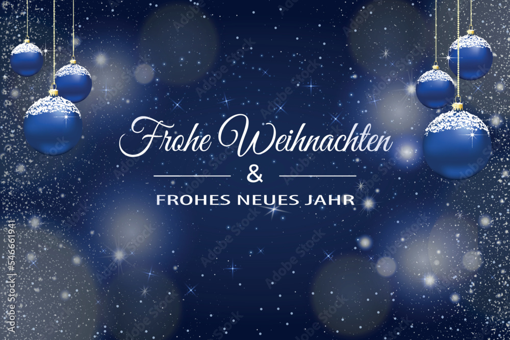Karte oder Banner, um frohe Weihnachten und ein glückliches neues Jahr in Weiß auf blauem Hintergrund mit Glitzer, Sternen und Kreisen im Bokeh-Effekt und auf jeder Seite mit blauen Weihnachtskugeln z