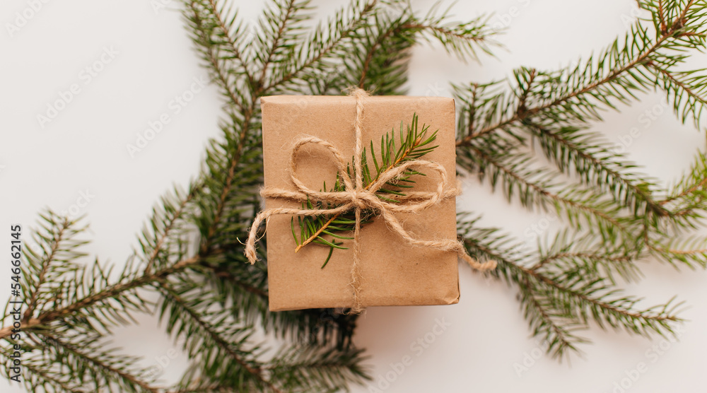 Christmas present wrapped in kraft paper with natural decoration Christmas present wrapped in kraft paper with natural decoration