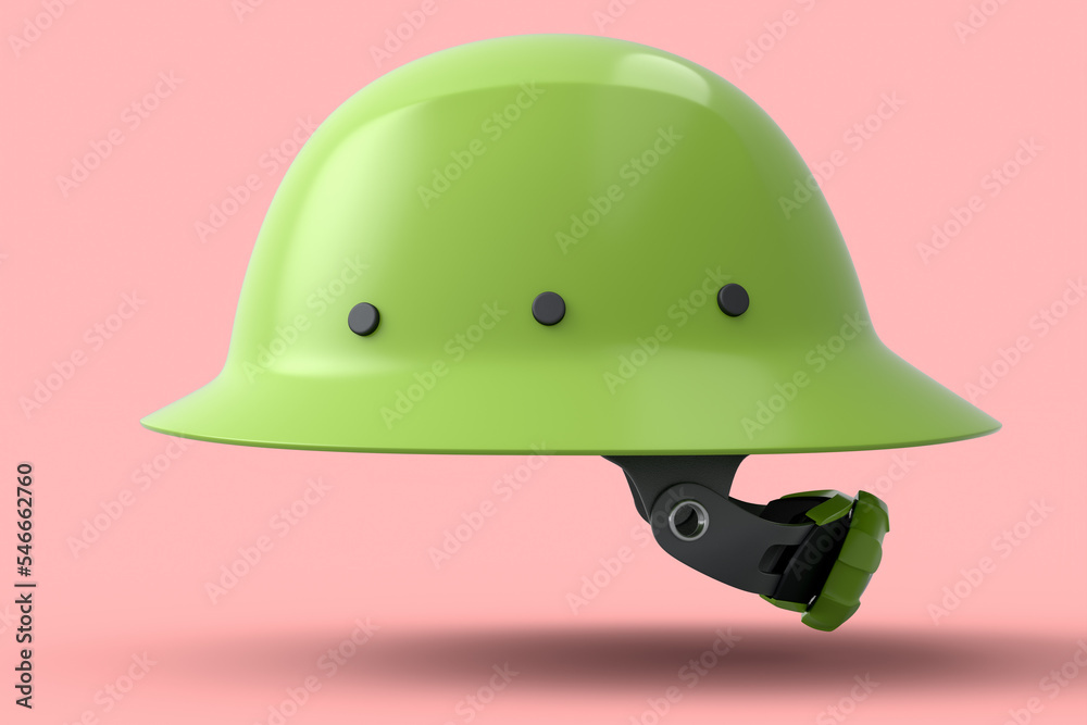 Fototapeta premium Green safety helmet or hard cap isolated on pink background