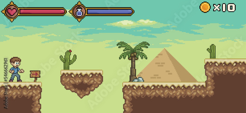 Pixel art desert game scene with character, life bar and mana vector background for 8bit game