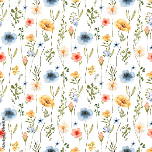 Seamless pattern with colorful wild flowers. watercolor illustration 