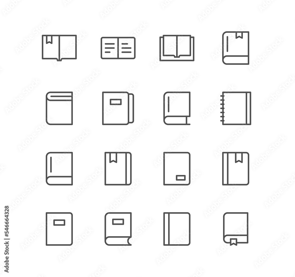 Set of book and learning icons, page, organizer, bookmark, textbook and linear variety symbols.	

