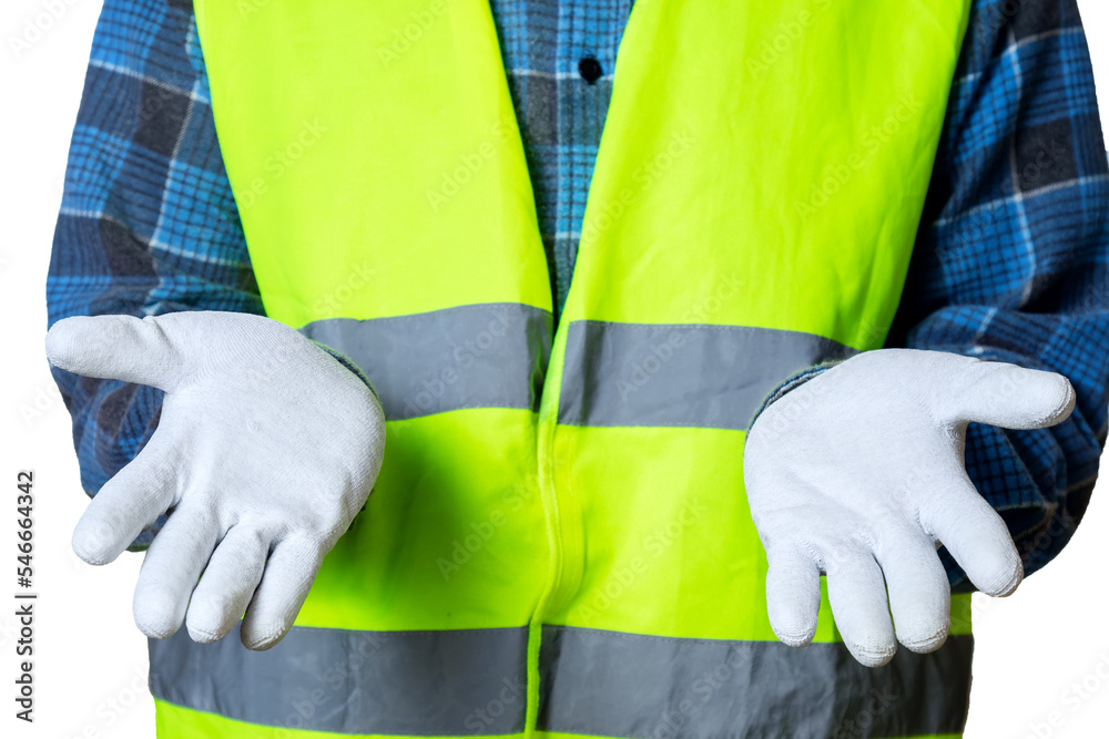 Adult man in work clothes and white protective gloves, a production employee. Close-up of a hand. Adult man in work clothes and white protective gloves, a production employee. Close-up of a hand.