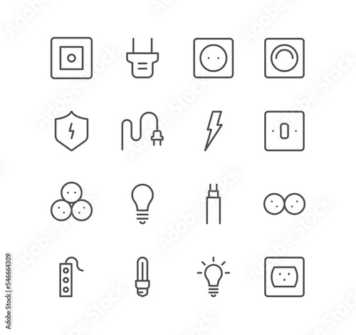 Set of electric and energy icons  cable  plug  switch  socket  bulb and linear variety symbols.  