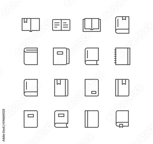 Set of book and learning icons, page, organizer, bookmark, textbook and linear variety symbols. 