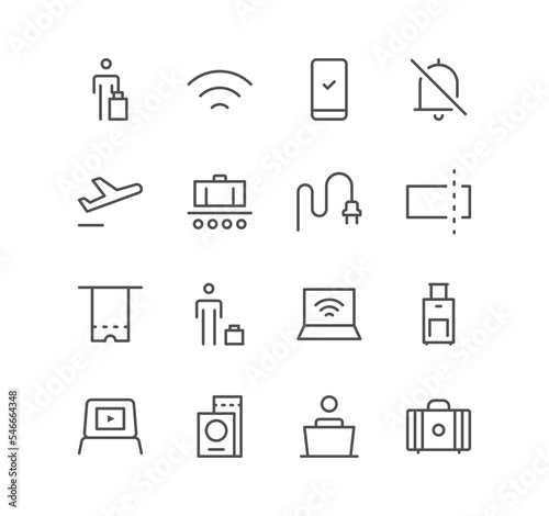 Set of airport and travel icons, departure, arrival, tourism, flight, plane, ticket and linear variety symbols. 